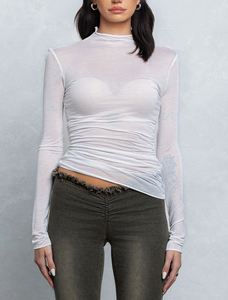 Sheer Mock Neck Long Sleeve Ruched Top